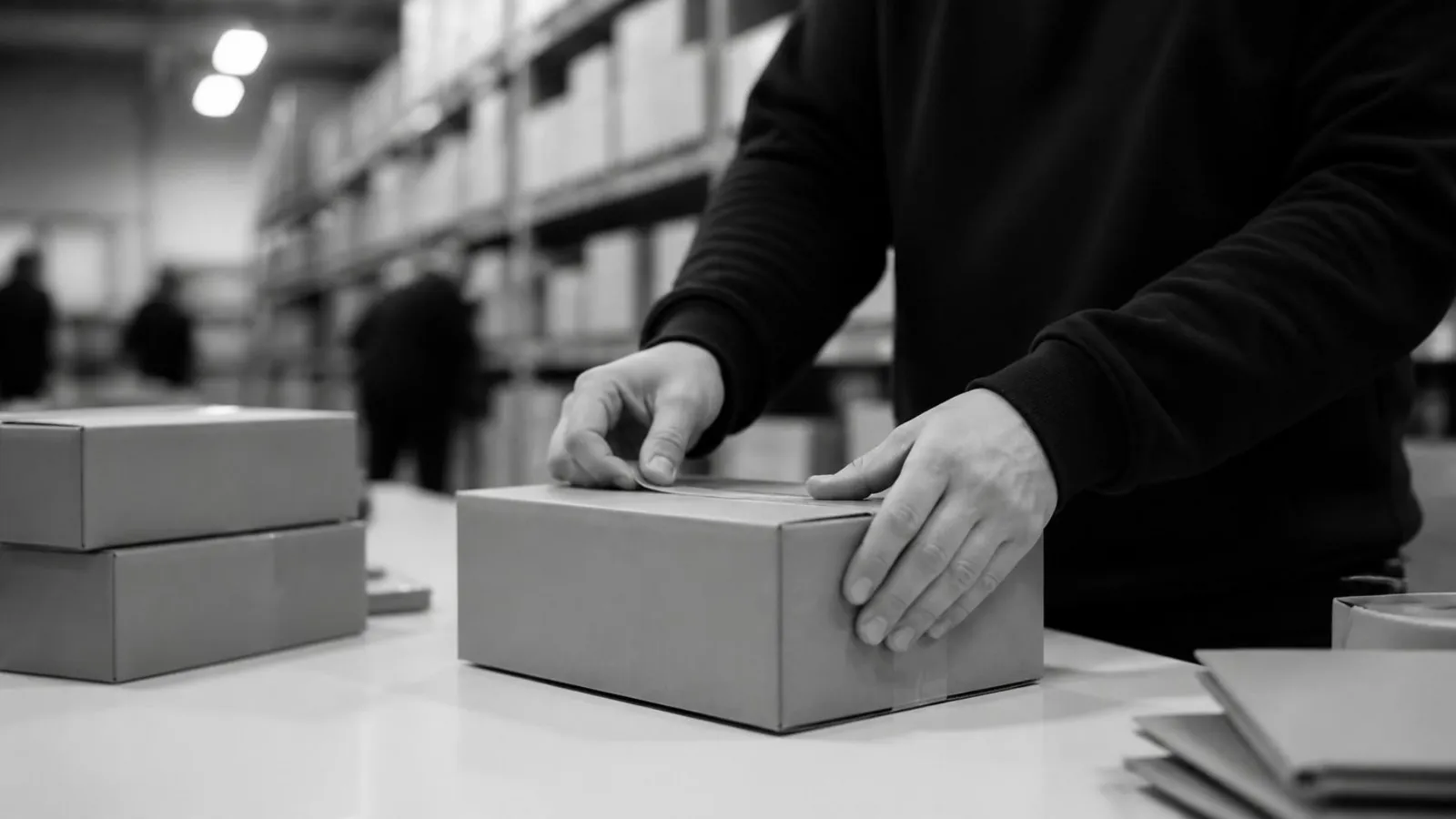 Hands packing a parcel in a fulfilment centre